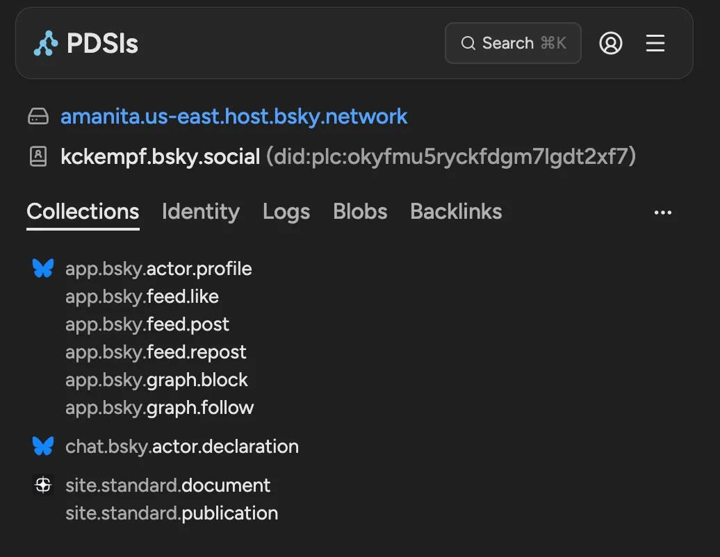 Screenshot of the PDSls records for kckempf.bsky.social List of my PDSl records