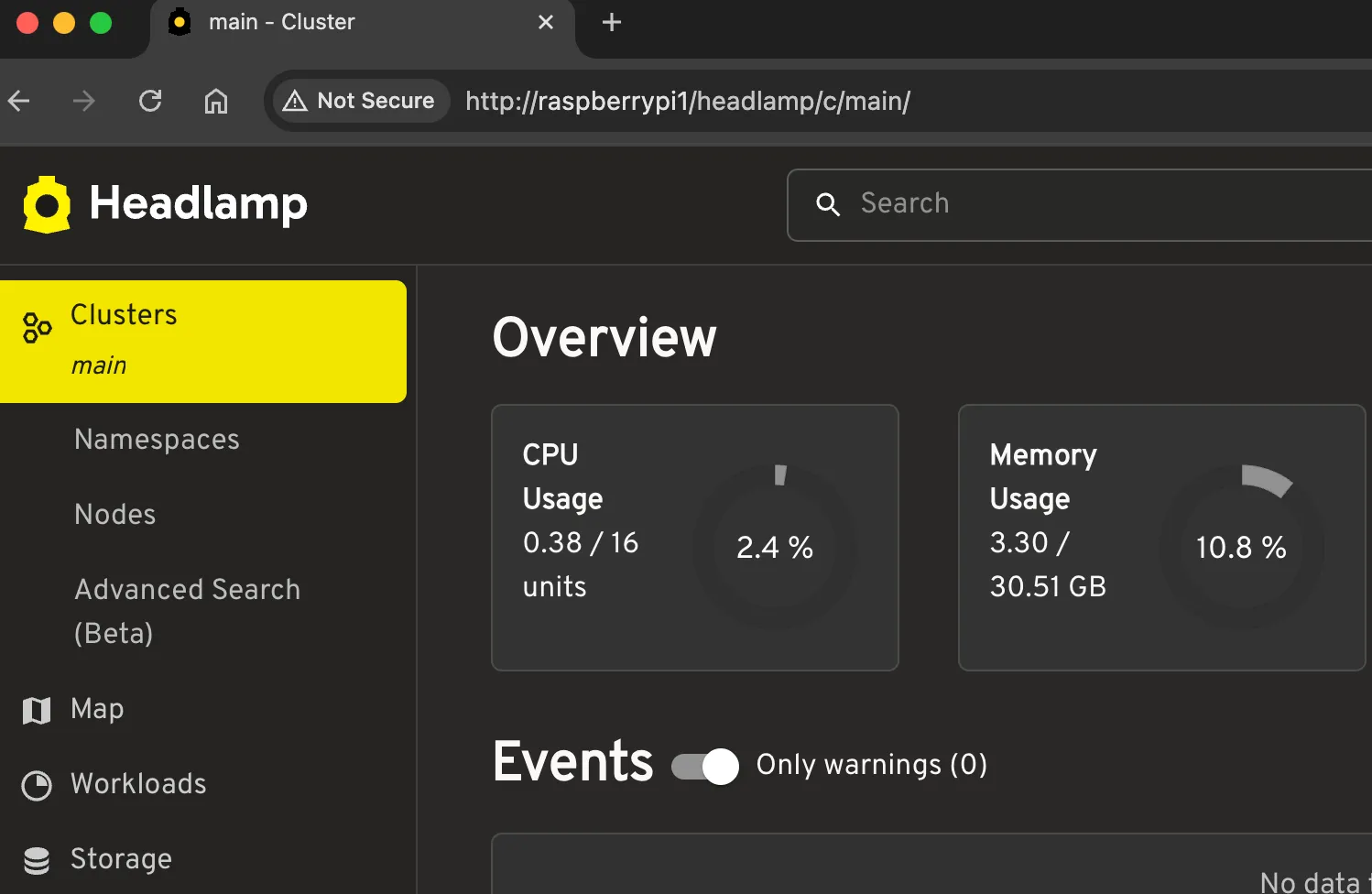Headlamp dashboard loaded in my browser with the headlamp prefix