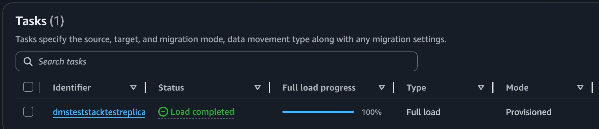 The DMS task in the AWS Console