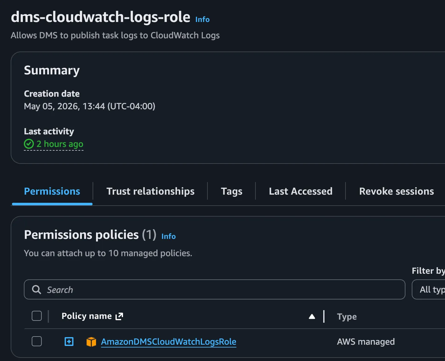 dms-cloudwatch-logs-role in the AWS Console