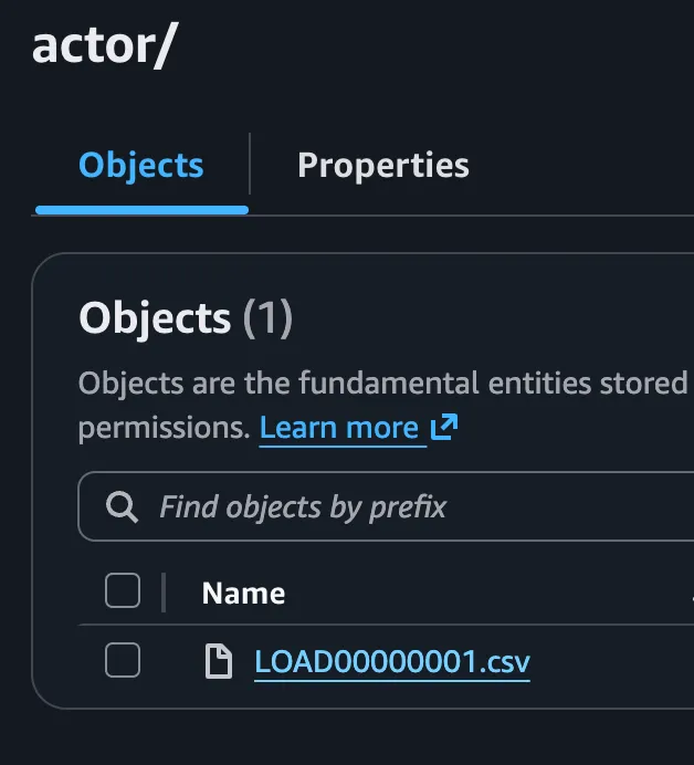 Open 'actor' folder in the S3 target bucket in the AWS Console