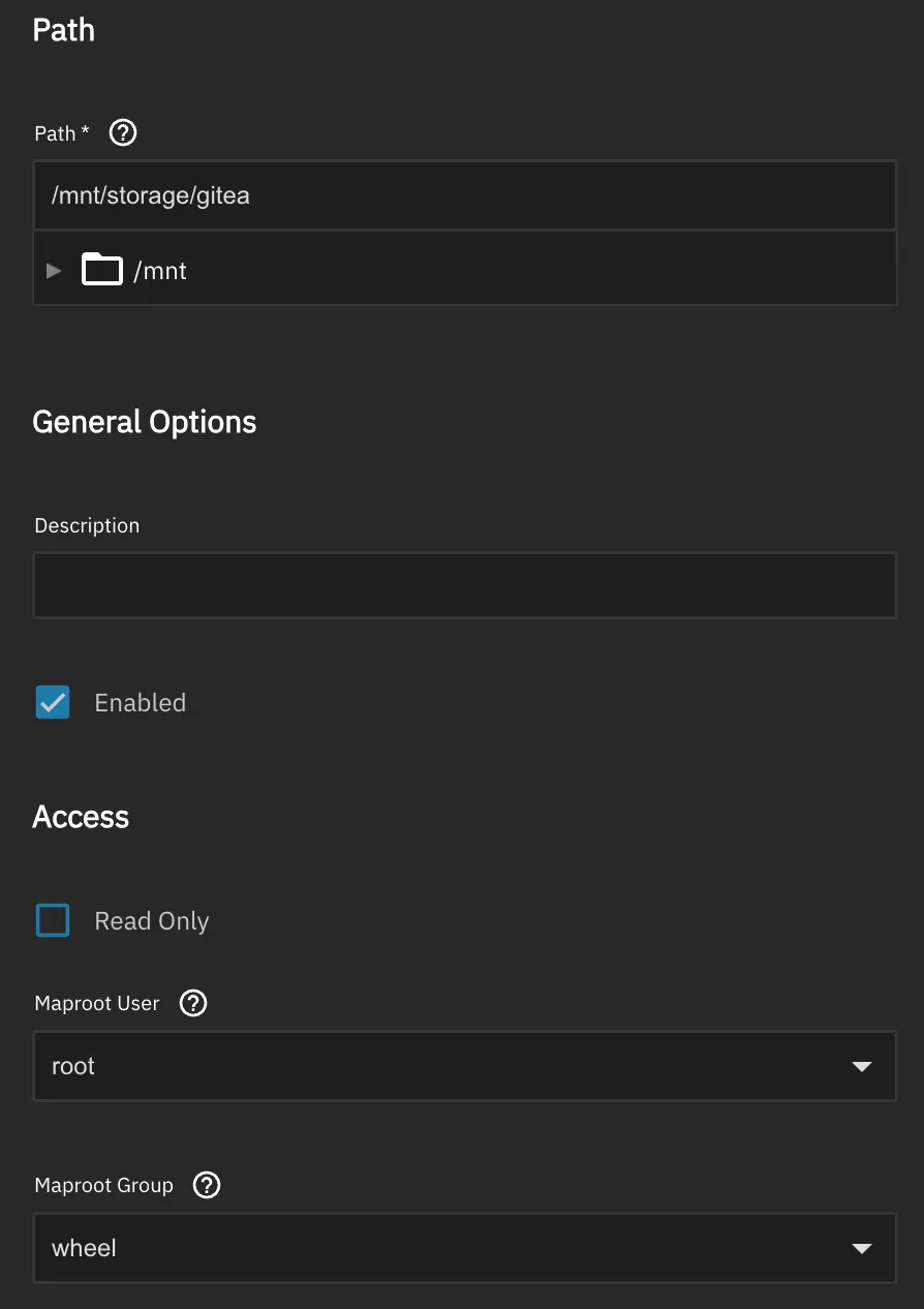Adding an NFS share on my TrueNAS instance Screenshot of a TrueNAS Add NFS Share dialogue showing the path -- /mnt/storage/gitea -- to a share for a Gitea install